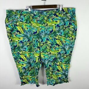 Liz & Me for Catherines 4X Tropical Leaf Capri Pants Green Blue Cotton Resort